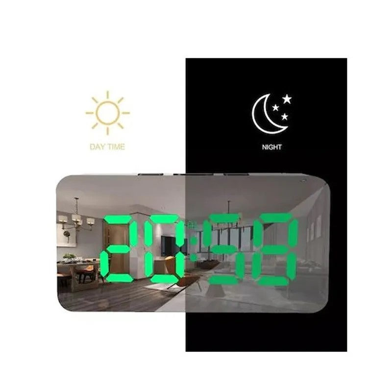 ⏰ Ceas Digital cu Afișaj LED Verde – Display Oglindă, Alarmă, Carcasă Neagră 🖤