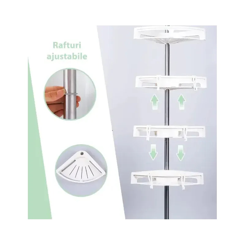 Etajera colt pentru baie, 4 rafturi, inaltime reglabila maxima 260 cm
