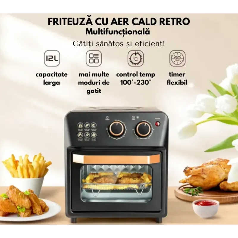 Friteuza cu aer cald retro, cuptor electric cu prajitor de paine, tehnologie de circulatie a aerului la 360° DS-18, 12L
