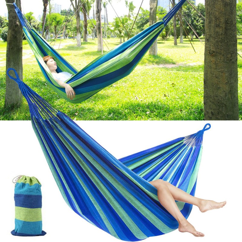Hamac de o persoana, 80 x 200 cm, husa depozitare, maxim 150 kg, multicolor, baza lemn, albastru