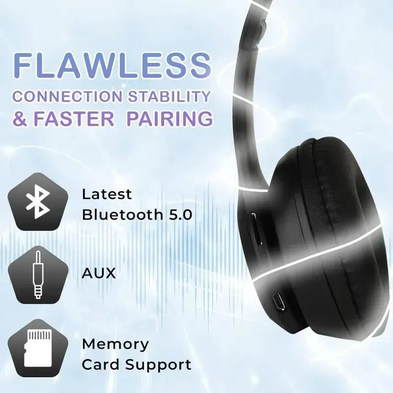 Căști Wireless Pliabile cu Urechi de Pisică Iluminate LED – Bass Stereo 🎧
