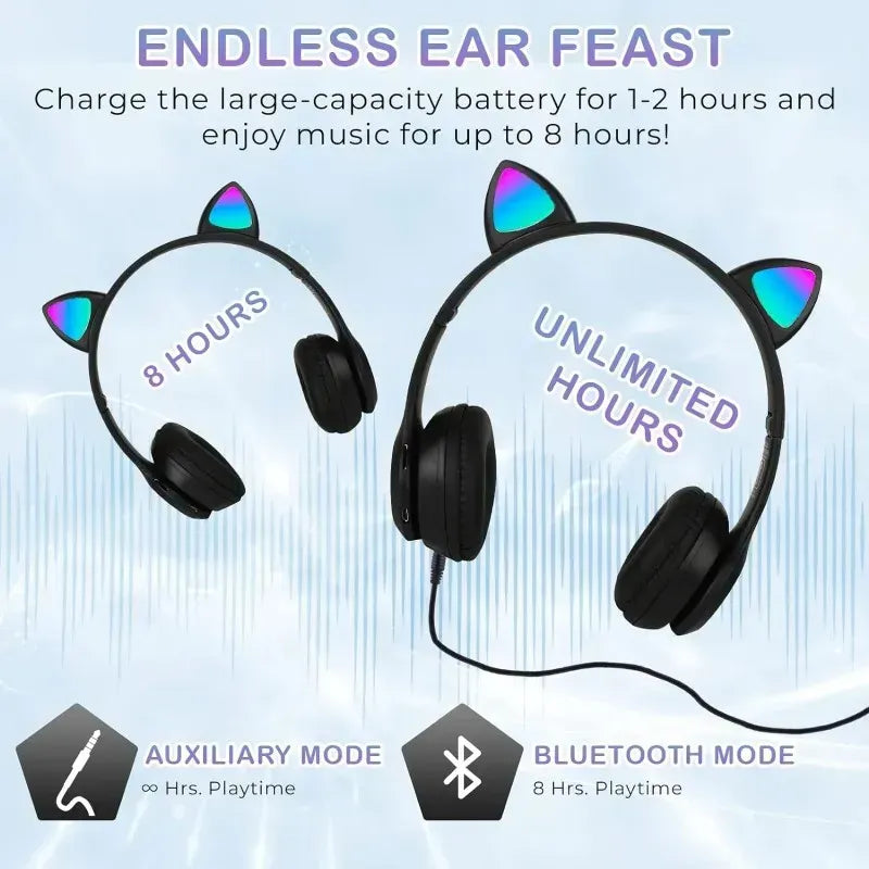 Căști Wireless Pliabile cu Urechi de Pisică Iluminate LED – Bass Stereo 🎧