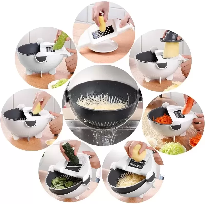 Razatoare de bucatarie 9 in 1 pentru taiat legume si fructe cu strecuratoare rotativa si bol