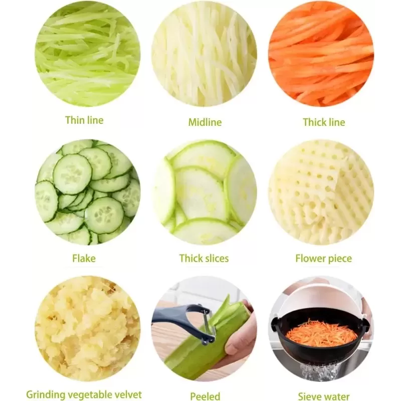 Razatoare de bucatarie 9 in 1 pentru taiat legume si fructe cu strecuratoare rotativa si bol