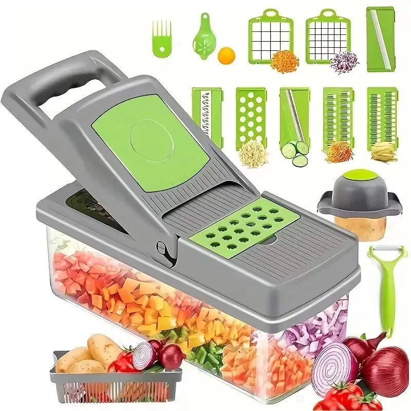 Razatoare multifunctionala legume si fructe, 9 piese, lame inox si maner protectie, lame inox, verde