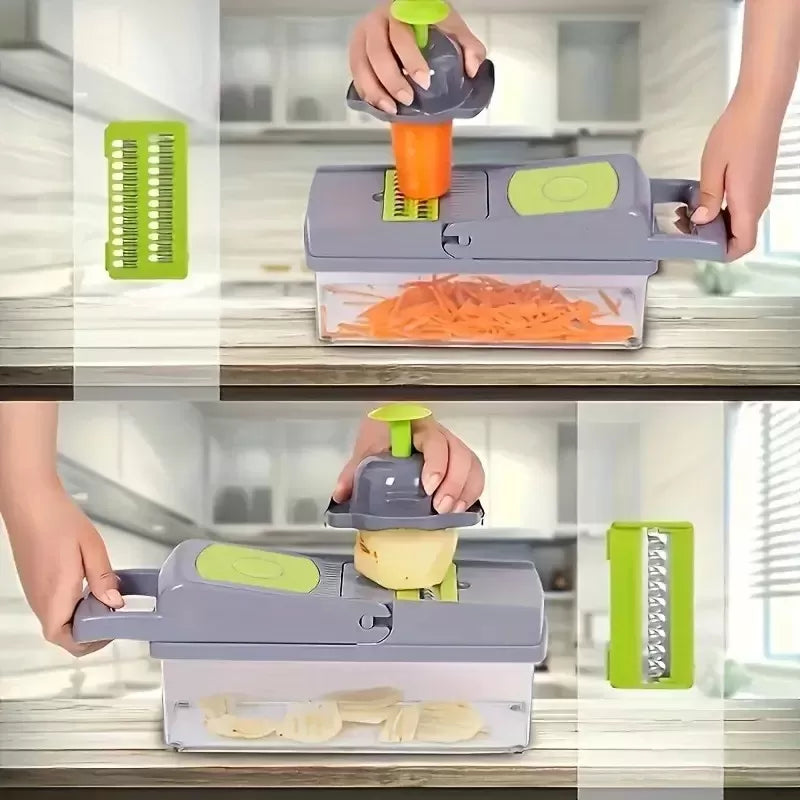 Razatoare multifunctionala legume si fructe, 9 piese, lame inox si maner protectie, lame inox, verde