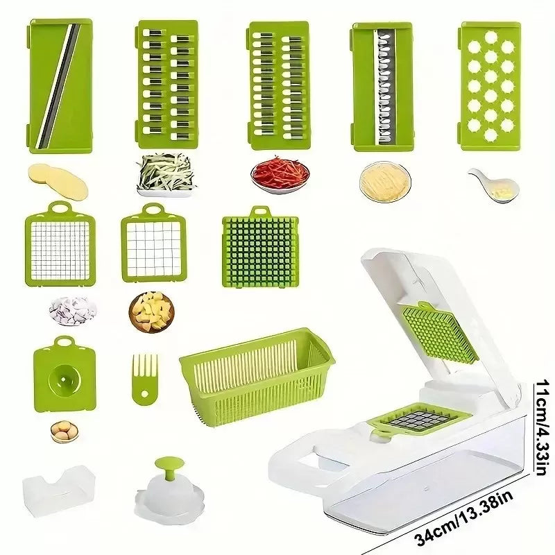 Razatoare multifunctionala legume si fructe, 9 piese, lame inox si maner protectie, lame inox, verde