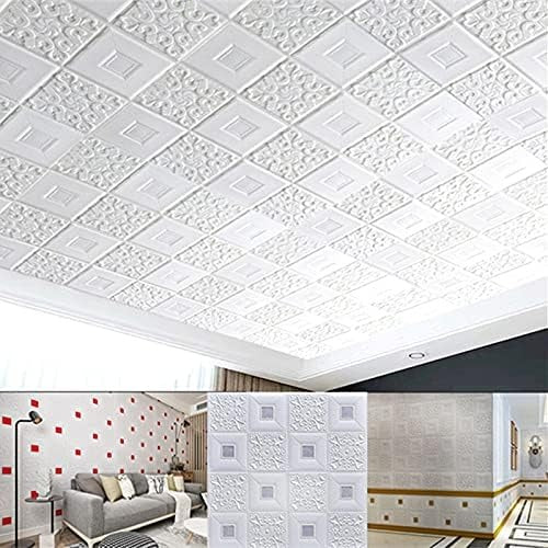 Set 10 x Tapet Autocolant, 3D, Usor de Montat, Rezistent la Apa, Modern, Model Patrat Alb, 70x70 cm