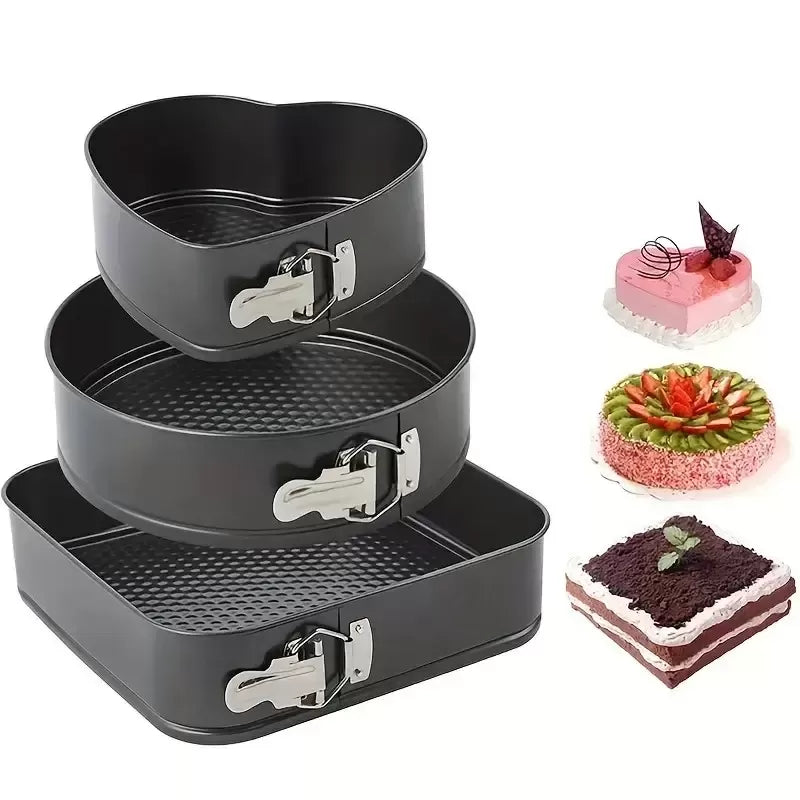 Set de 3 forme prajituri, Inima, Patrat, Rotund, Baza detasabila, acoperire antiaderenta, 24 cm/26 cm/28 cm, Negru