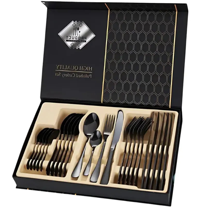 Set de Tacamuri 24 Piese – Oțel Inoxidabil, Design Modern, Negru