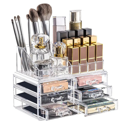 Organizator cosmetice, farduri, make-up, oglinda inclusa, 16 compartimente, 4 sertare, 31 cm x 22 cm, transparent