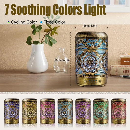 🌿 Difuzor Aromaterapie Vintage – Design Metalic, 7 Culori LED, 250ml 🌿