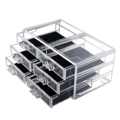 Organizator cosmetice, farduri, make-up, oglinda inclusa, 16 compartimente, 4 sertare, 31 cm x 22 cm, transparent