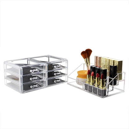 Organizator cosmetice, farduri, make-up, oglinda inclusa, 16 compartimente, 4 sertare, 31 cm x 22 cm, transparent