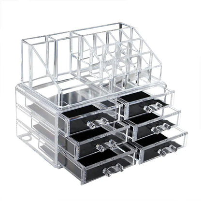 Organizator cosmetice, farduri, make-up, oglinda inclusa, 16 compartimente, 4 sertare, 31 cm x 22 cm, transparent