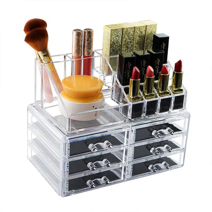 Organizator cosmetice, farduri, make-up, oglinda inclusa, 16 compartimente, 4 sertare, 31 cm x 22 cm, transparent