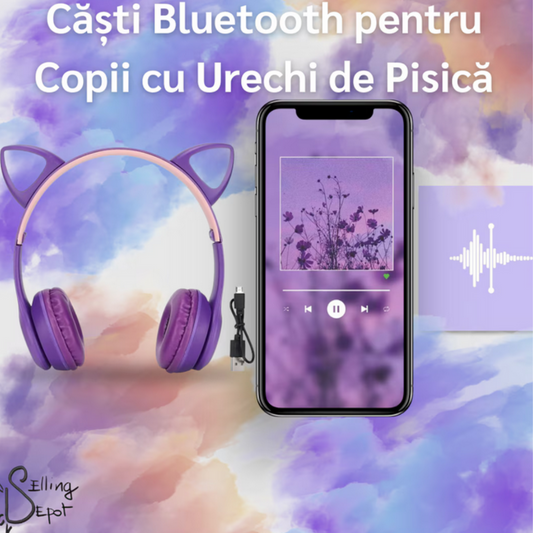 Casti pentru copii Bluetooth, cu urechi de pisica, limitare a volumului de 88 dB si lumina LED