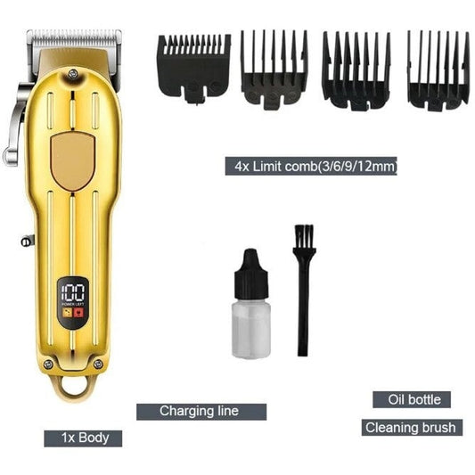 Masina tuns profesionala GM-6695, cu acumulator, carcasa metalica, cu afisaj, cu 4 piepteni, gold