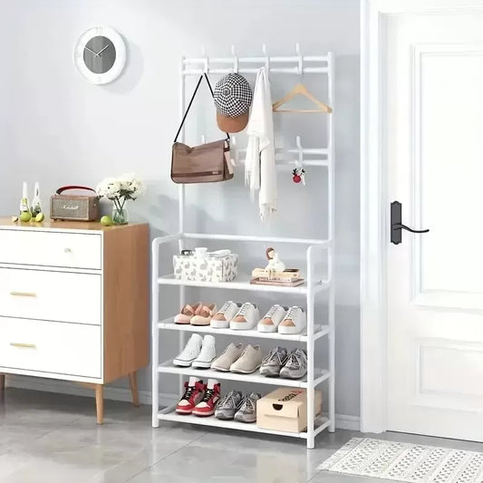 👗 Cuier cu Pantofar Metalic – 5 Rafturi, Alb 🥿
